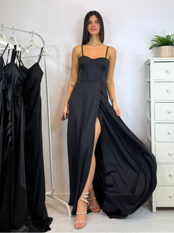 Abito cerimonia raso corsetto intrecciato dietro