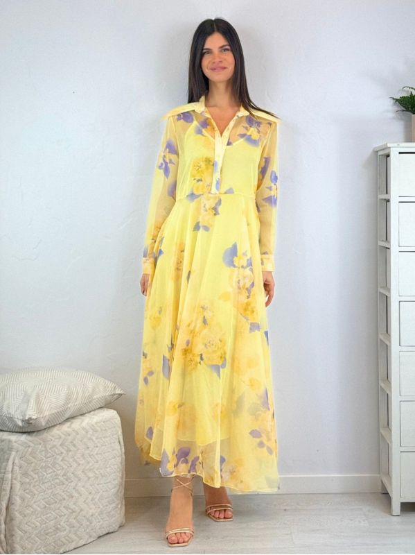 Vestito lungo floreale in voile con colletto
